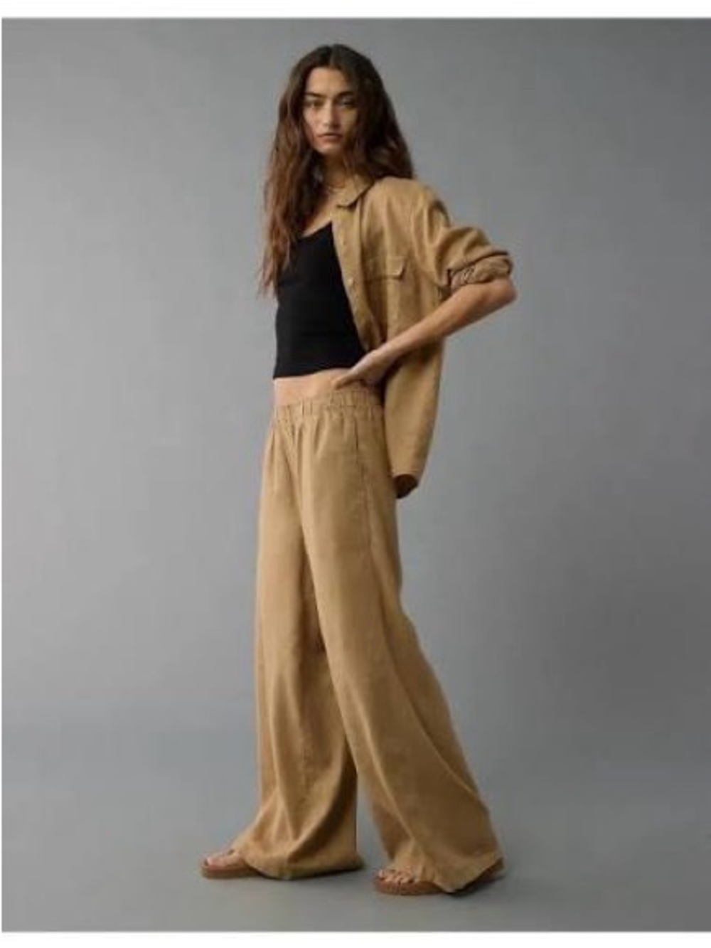American Eagle Outfitters weekend vibes linen blend Wide-Leg Pull-On Pants - Picture 2 of 5